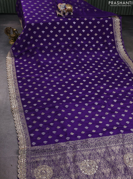 Banarasi silk saree violet with allover silver & gold zari woven buttas and mirror work embroidery border