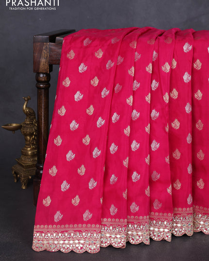 Banarasi silk saree pink with allover silver & gold zari woven buttas and mirror work embroidery border