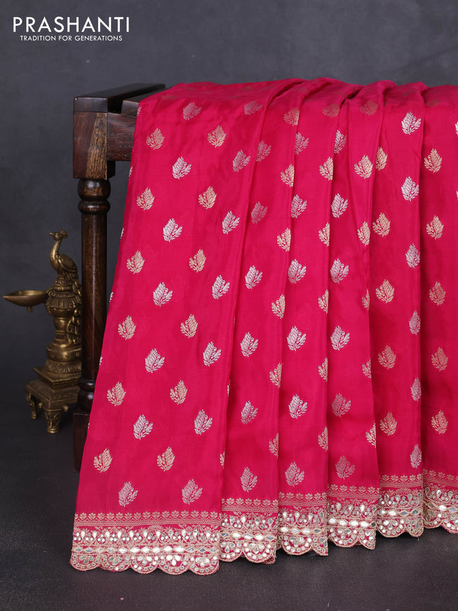 Banarasi silk saree pink with allover silver & gold zari woven buttas and mirror work embroidery border