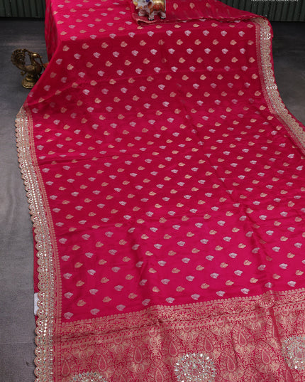 Banarasi silk saree pink with allover silver & gold zari woven buttas and mirror work embroidery border