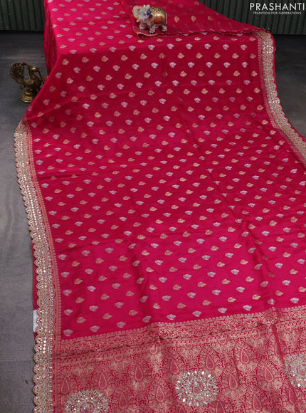 Banarasi silk saree pink with allover silver & gold zari woven buttas and mirror work embroidery border