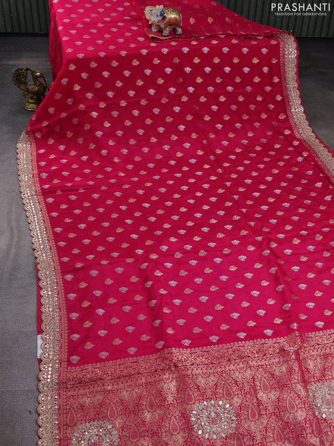 Banarasi silk saree pink with allover silver & gold zari woven buttas and mirror work embroidery border