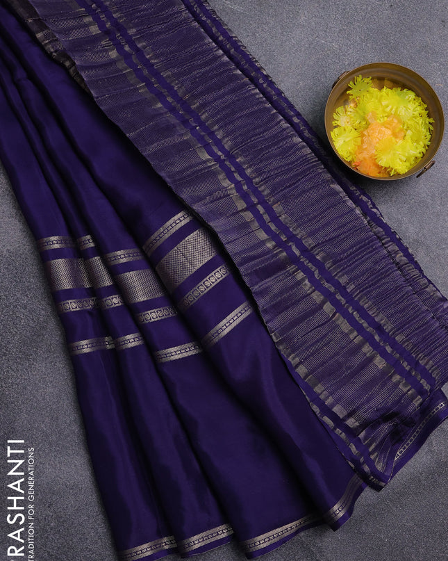 Semi mysore silk saree navy blue and pink with plain body and rettapet zari woven border