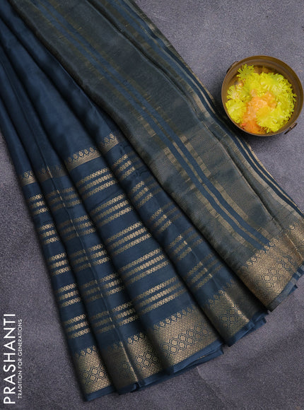 Semi mysore silk saree peacock green and yellow with plain body and long zari woven border