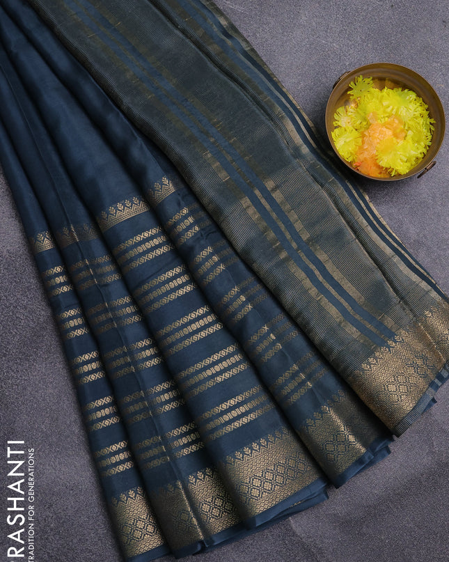 Semi mysore silk saree peacock green and yellow with plain body and long zari woven border