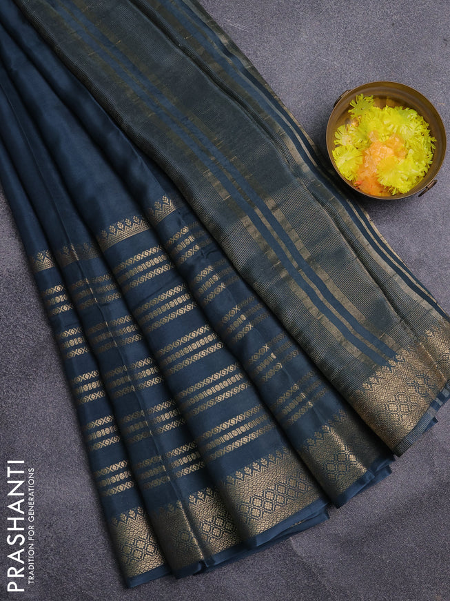 Semi mysore silk saree peacock green and yellow with plain body and long zari woven border