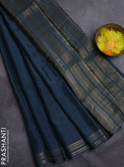 Semi mysore silk saree peacock blue shade and yellow with plain body and zari woven border