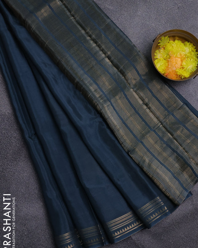 Semi mysore silk saree peacock blue shade and yellow with plain body and zari woven border