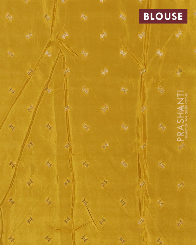 Semi mysore silk saree peacock blue shade and yellow with plain body and zari woven border