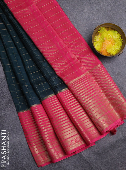 Semi mysore silk saree bottle green and pink with allover zari checked pattern and long zari woven border