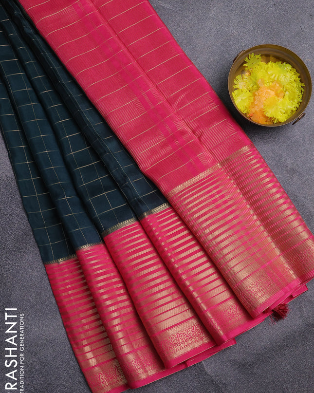 Semi mysore silk saree bottle green and pink with allover zari checked pattern and long zari woven border