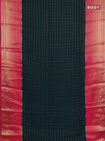 Semi mysore silk saree bottle green and pink with allover zari checked pattern and long zari woven border