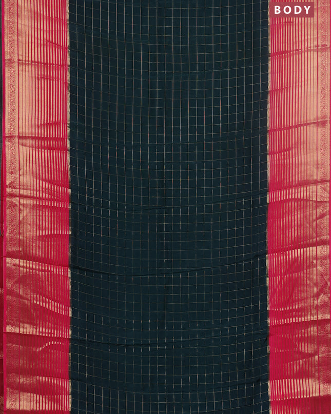 Semi mysore silk saree bottle green and pink with allover zari checked pattern and long zari woven border