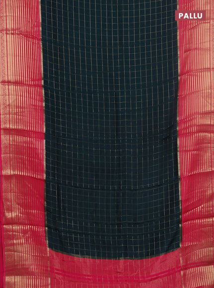 Semi mysore silk saree bottle green and pink with allover zari checked pattern and long zari woven border