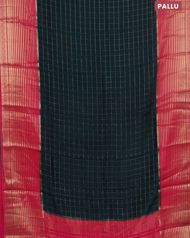 Semi mysore silk saree bottle green and pink with allover zari checked pattern and long zari woven border