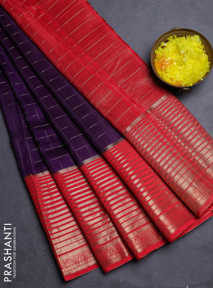 Semi mysore silk saree violet and orange with allover zari checked pattern and long zari woven border