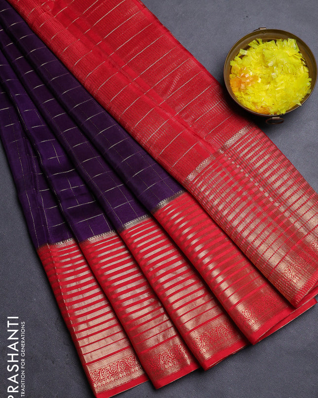 Semi mysore silk saree violet and orange with allover zari checked pattern and long zari woven border