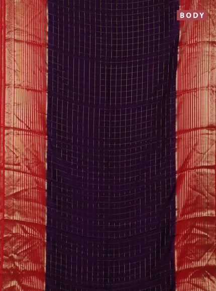 Semi mysore silk saree violet and orange with allover zari checked pattern and long zari woven border