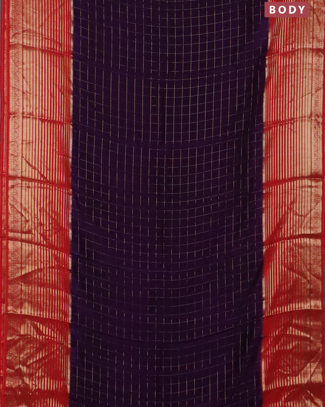 Semi mysore silk saree violet and orange with allover zari checked pattern and long zari woven border