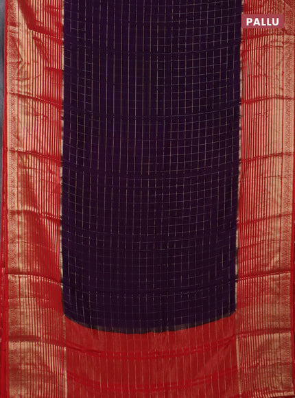 Semi mysore silk saree violet and orange with allover zari checked pattern and long zari woven border
