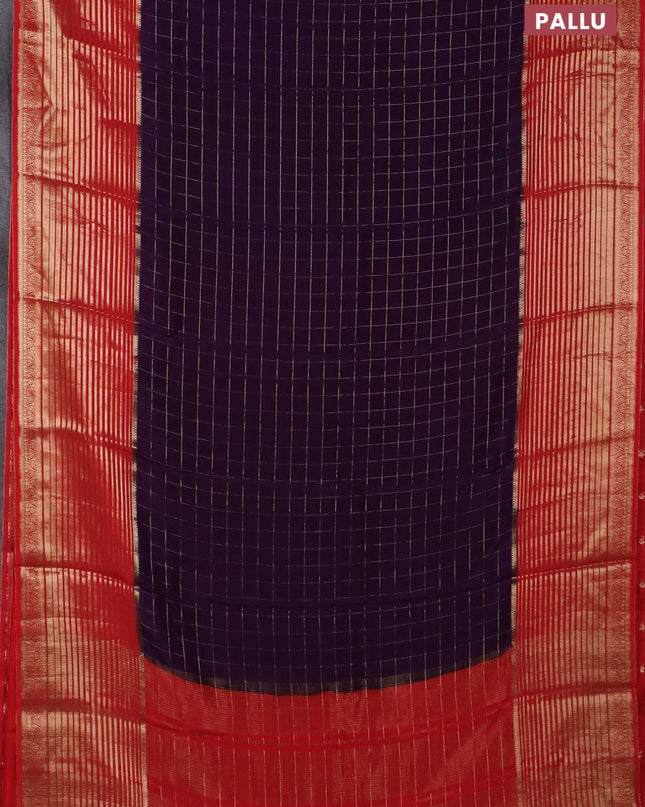 Semi mysore silk saree violet and orange with allover zari checked pattern and long zari woven border