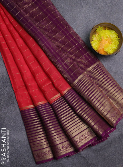 Semi mysore silk saree tomato pink and purple with allover zari checked pattern and long zari woven border