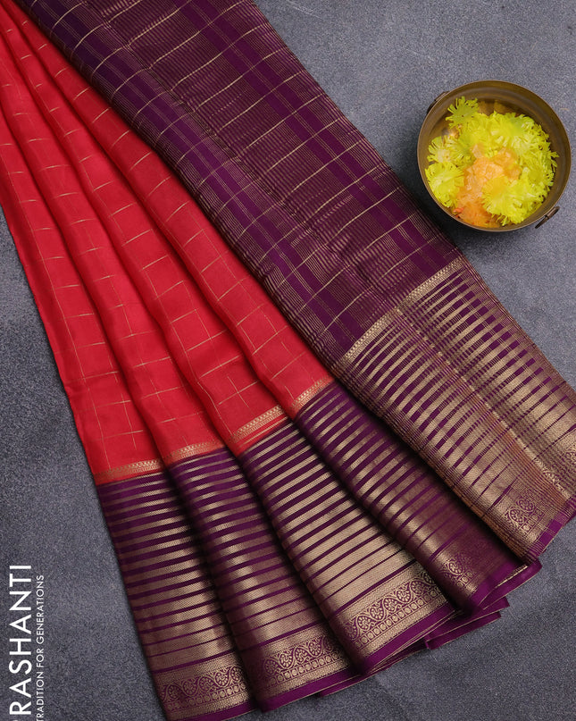 Semi mysore silk saree tomato pink and purple with allover zari checked pattern and long zari woven border