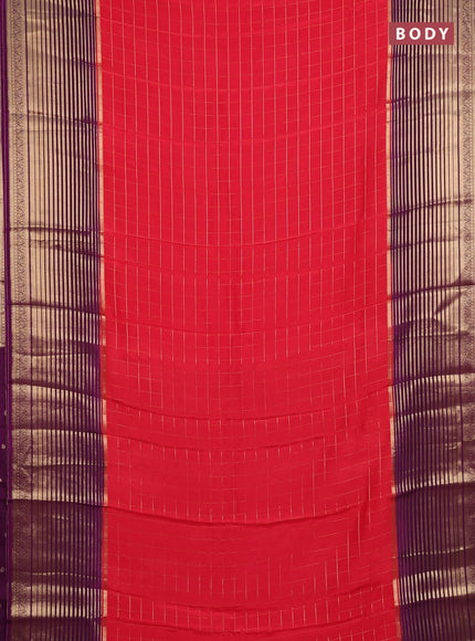 Semi mysore silk saree tomato pink and purple with allover zari checked pattern and long zari woven border