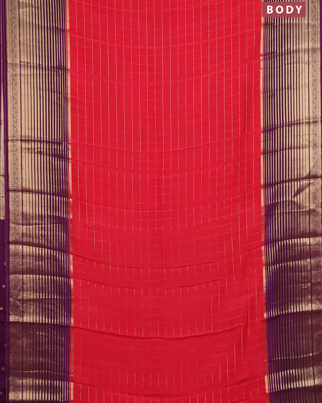 Semi mysore silk saree tomato pink and purple with allover zari checked pattern and long zari woven border