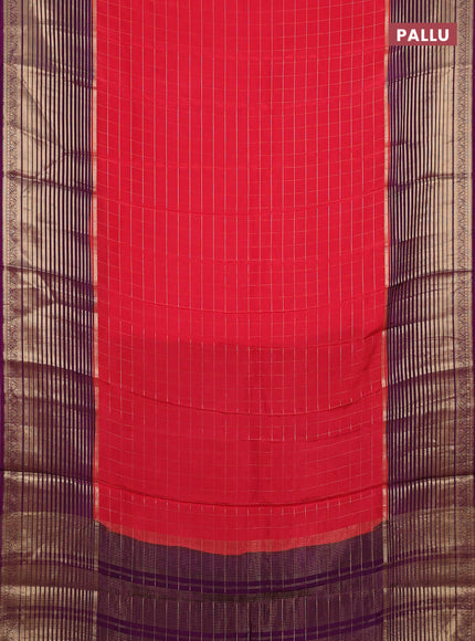 Semi mysore silk saree tomato pink and purple with allover zari checked pattern and long zari woven border