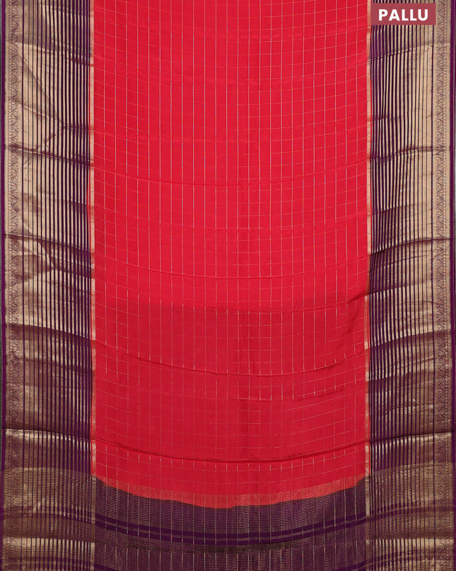 Semi mysore silk saree tomato pink and purple with allover zari checked pattern and long zari woven border