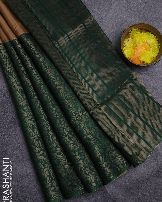 Semi mysore silk saree sandal and green with half & half style and long zari woven border