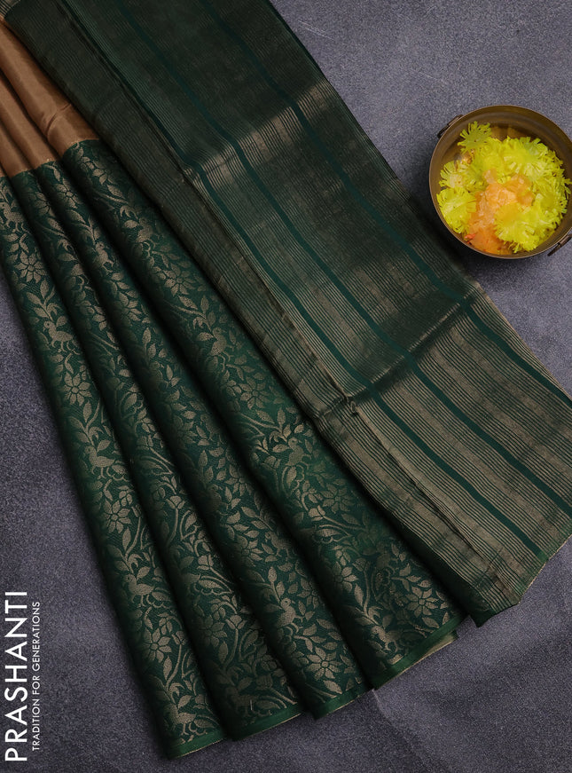 Semi mysore silk saree sandal and green with half & half style and long zari woven border