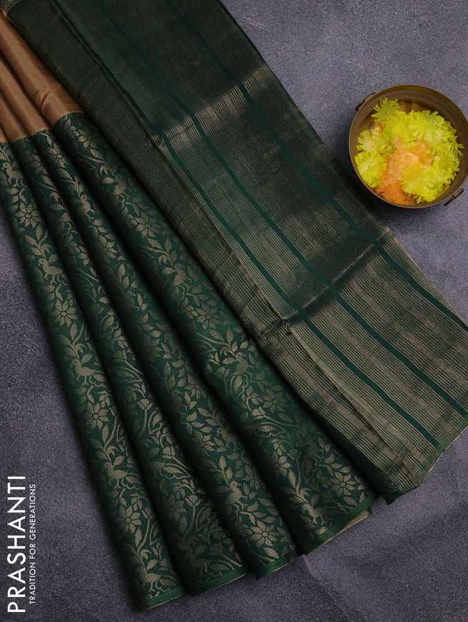 Semi mysore silk saree sandal and green with half & half style and long zari woven border