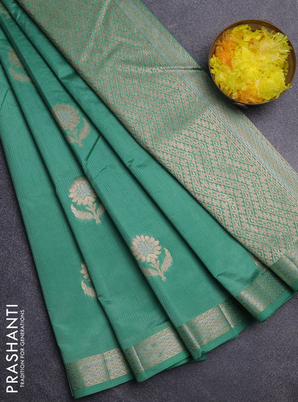 Semi raw silk saree teal green with zari woven buttas and zari woven border