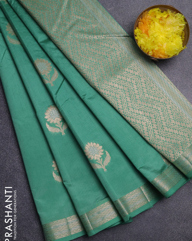 Semi raw silk saree teal green with zari woven buttas and zari woven border