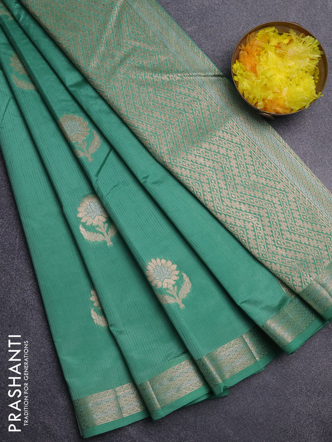 Semi raw silk saree teal green with zari woven buttas and zari woven border