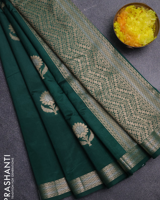 Semi raw silk saree bottle green with zari woven buttas and zari woven border