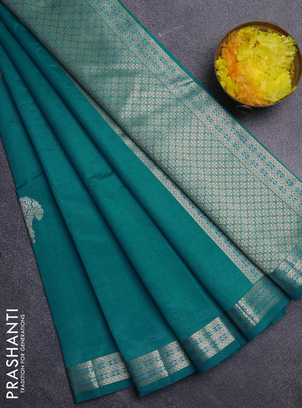 Semi raw silk saree teal green with zari woven buttas and zari woven border
