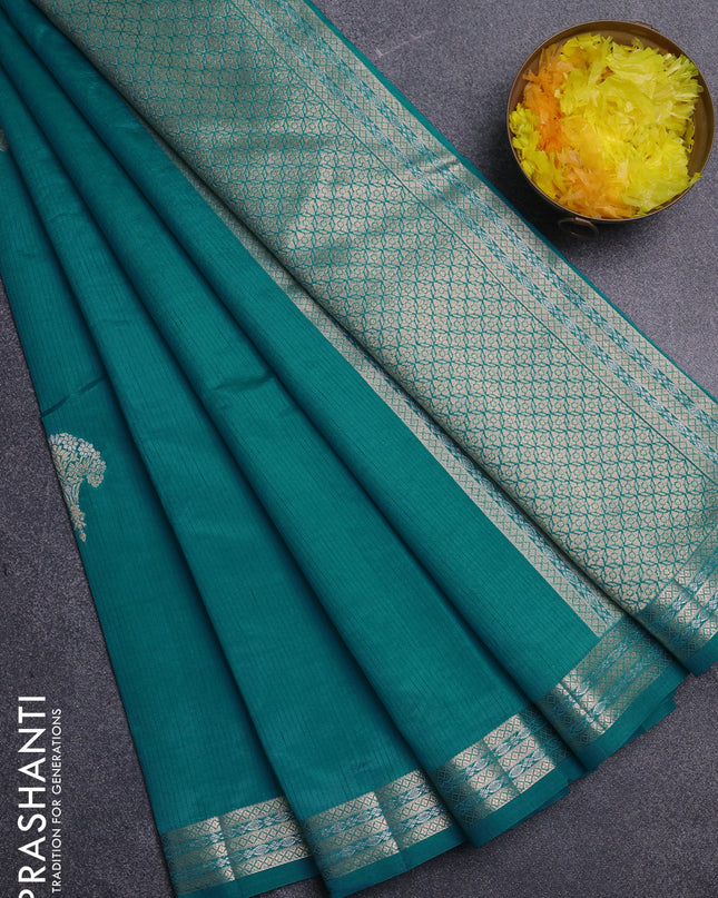 Semi raw silk saree teal green with zari woven buttas and zari woven border