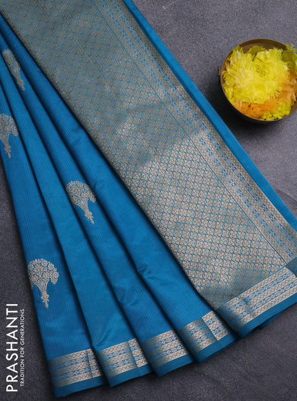 Semi raw silk saree cs blue with zari woven buttas and zari woven border