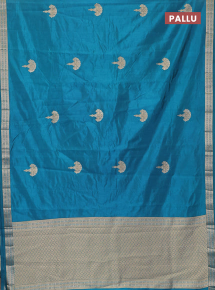 Semi raw silk saree cs blue with zari woven buttas and zari woven border