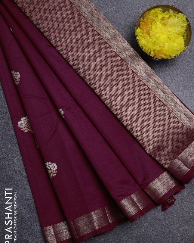 Semi raw silk saree wine shade with zari woven buttas and zari woven border