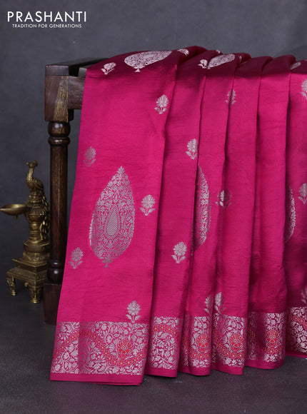 Banarasi poona silk saree pink and violet with silver zari woven buttas and silver zari woven border
