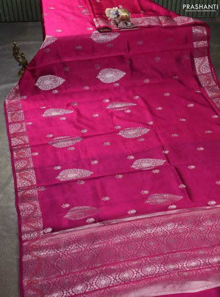 Banarasi poona silk saree pink and violet with silver zari woven buttas and silver zari woven border