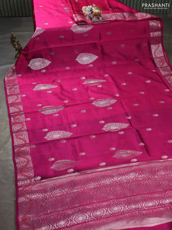 Banarasi poona silk saree pink and violet with silver zari woven buttas and silver zari woven border