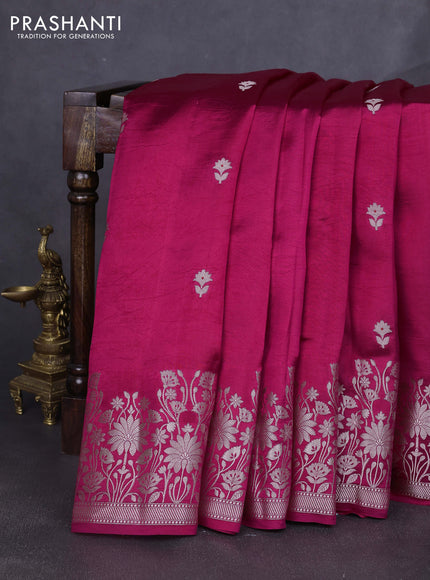 Banarasi poona silk saree pink and violet with silver zari woven buttas and floral design zari woven border