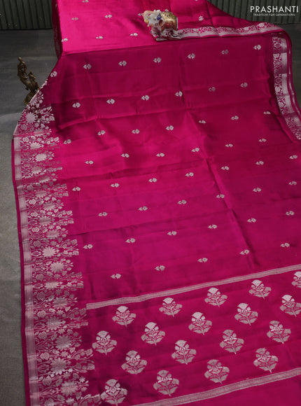 Banarasi poona silk saree pink and violet with silver zari woven buttas and floral design zari woven border