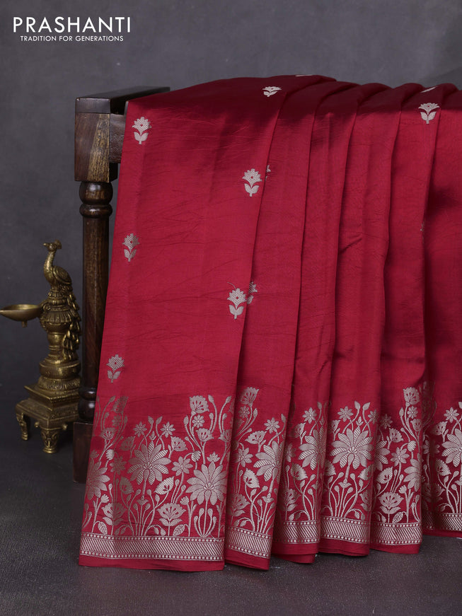 Banarasi poona silk saree red and green with zari woven buttas and floral design zari woven border