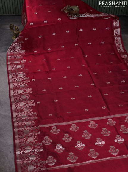 Banarasi poona silk saree red and green with zari woven buttas and floral design zari woven border